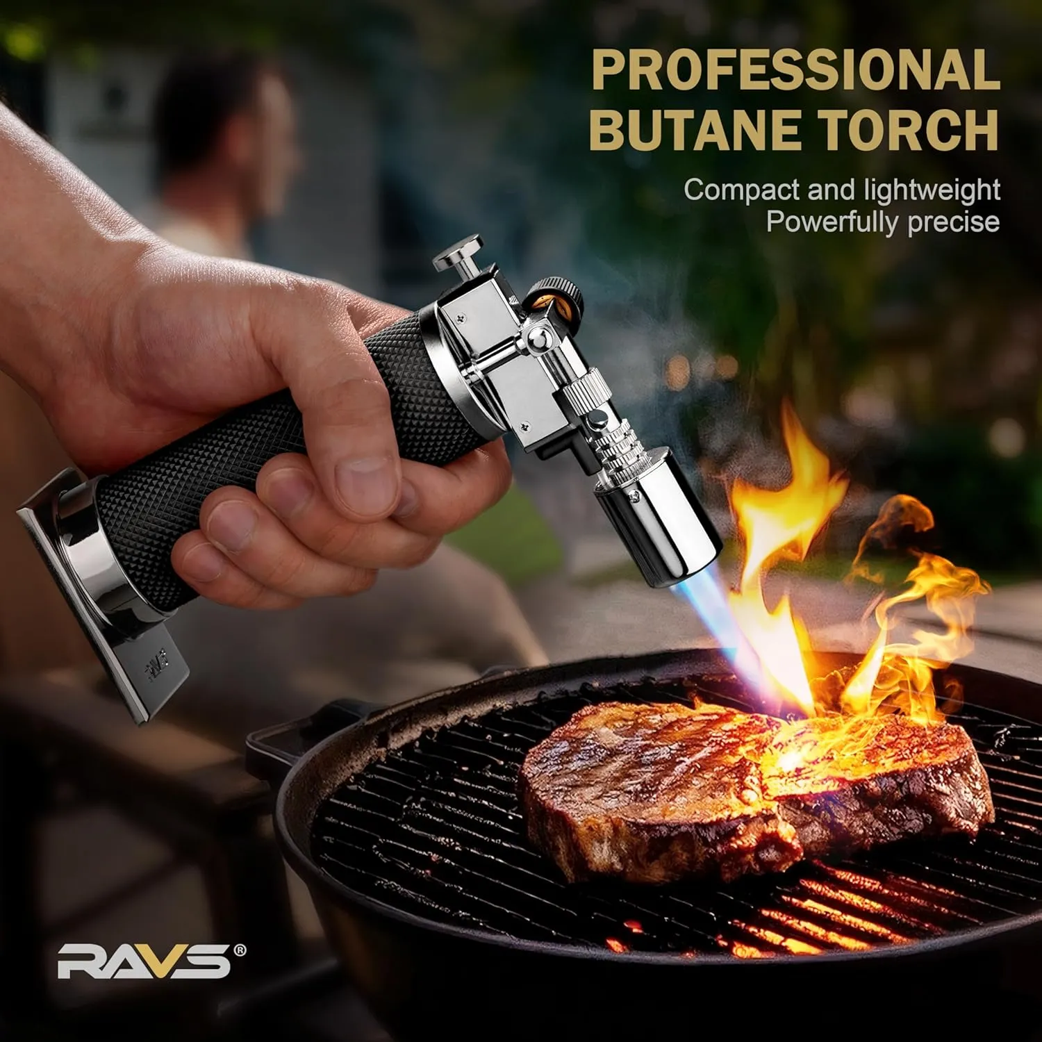 RAVS Butane Torch Lighter, Refillable Butane Kitchen Torch with Safety Lock and Adjustable Flame, Creme Brulee Torch for Baking, BBQ, Blow Torch for Cooking, Black, Butane Gas Not Included
