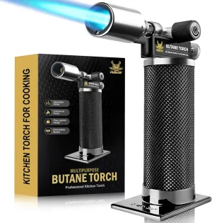 RAVS Butane Torch Lighter, Refillable Butane Kitchen Torch with Safety Lock and Adjustable Flame, Creme Brulee Torch for Baking, BBQ, Blow Torch for Cooking, Black, Butane Gas Not Included