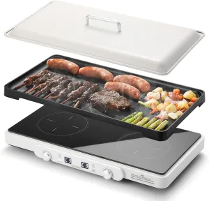 Razorri Double Induction Cooktop, 1800W Countertop 2 Burners Grill with Removable Non-stick Cast Iron Griddle Pan, 5 Temp Modes 7 Power Options with Timer for Kitchen Dorm and Camping
