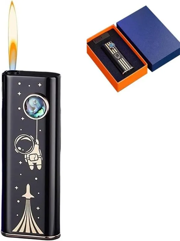 Refillable Open Flame Lighter, Silent Push Button Ignition, Refillable Butane Lighter,Portable Metal Soft Flame, Adjustable Flame Size(Black 5)