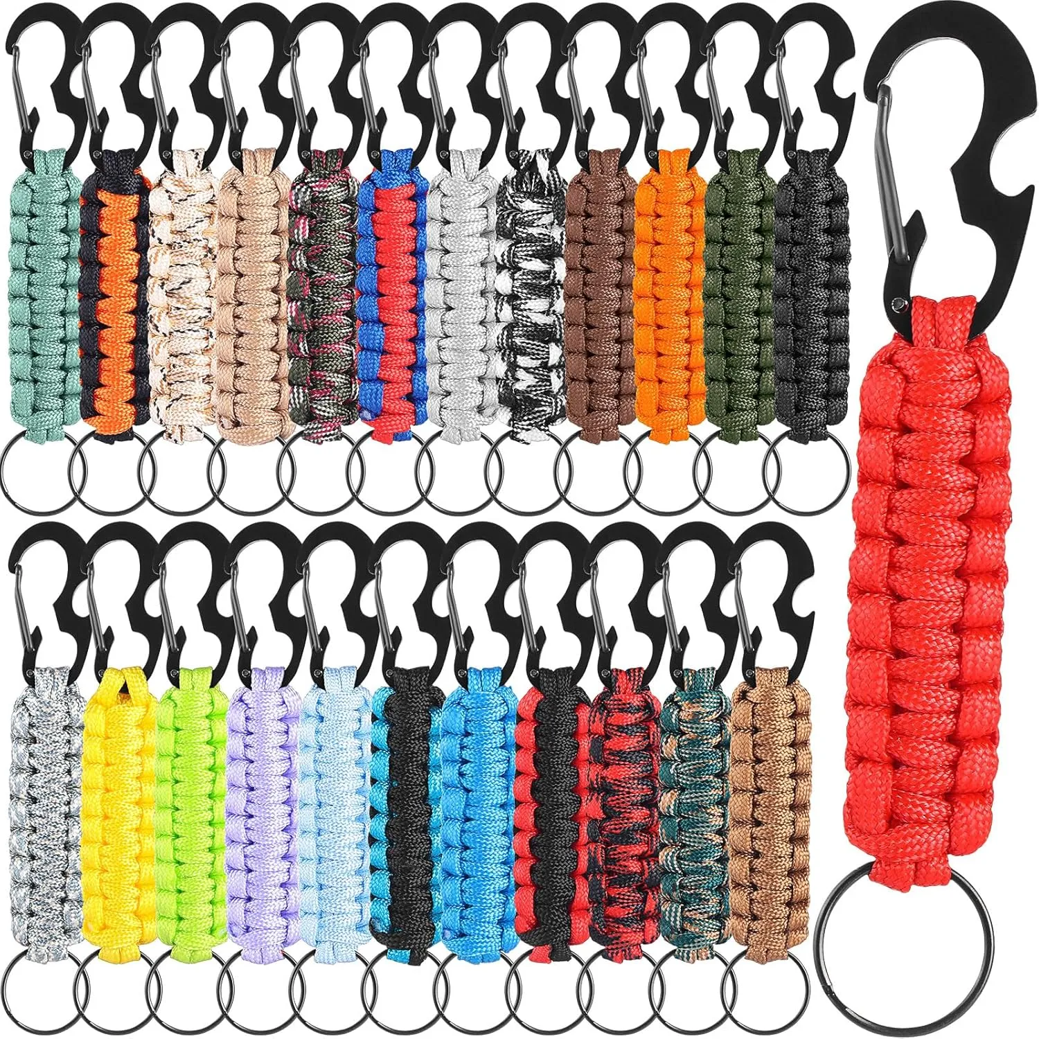 Riceshoot 24 Pcs Paracord Keychain with Carabiner Military Braided Lanyard Paracord Carabiner Clip Key Ring Heavy Duty Hook for Men Women Veterans Day Gift Outdoor Sports Survival Hiking