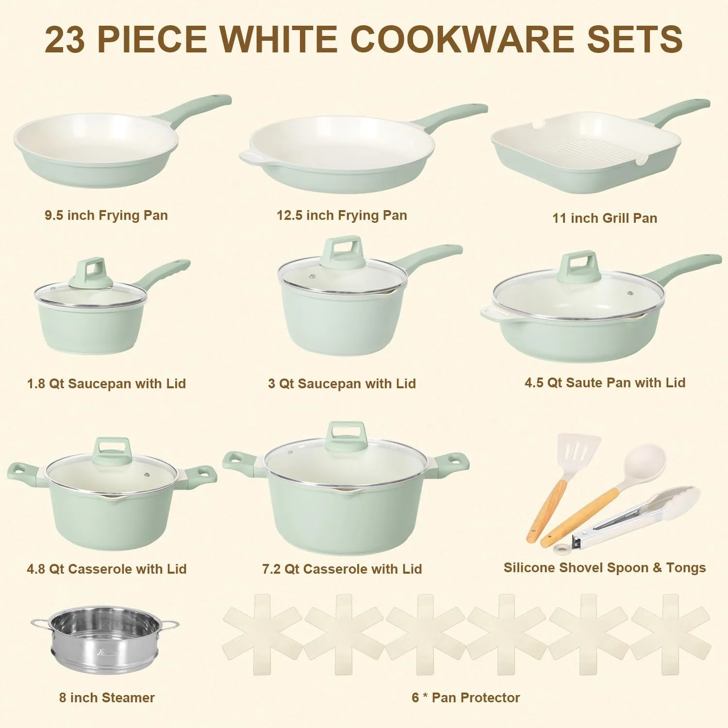 Romswi 23pcs Pots and Pans Set Non Stick, Kitchen Cookware Set with Casserole, Frying & Saucepans, Oven Safe & Stovetop Agnostic (Gas, Electric & Induction) - Green