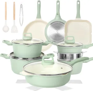 Romswi 23pcs Pots and Pans Set Non Stick, Kitchen Cookware Set with Casserole, Frying & Saucepans, Oven Safe & Stovetop Agnostic (Gas, Electric & Induction) - Green