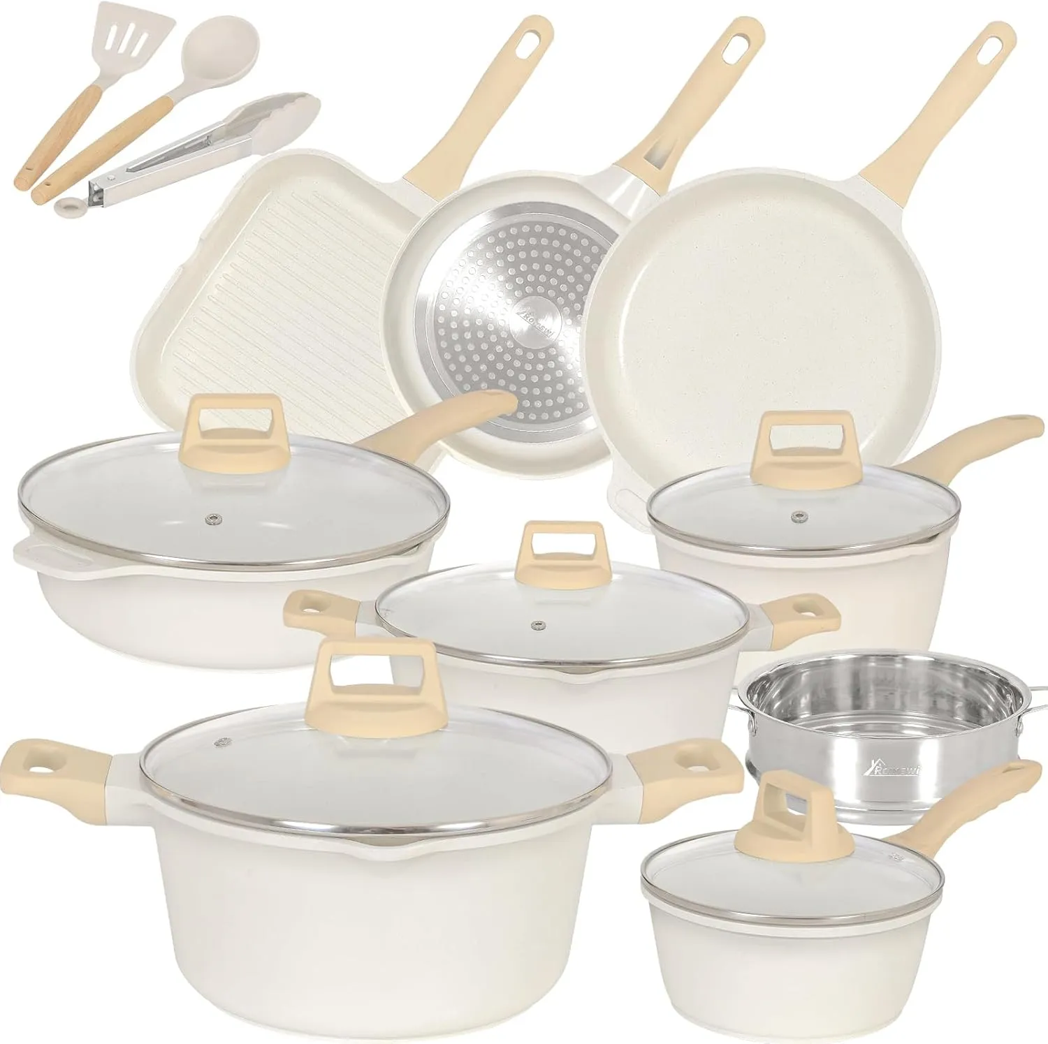 Romswi 23pcs Pots and Pans Set Non Stick, Kitchen Cookware Set with Casserole, Frying & Saucepans, Oven Safe & Stovetop Agnostic (Gas, Electric & Induction) - White