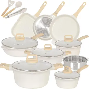Romswi 23pcs Pots and Pans Set Non Stick, Kitchen Cookware Set with Casserole, Frying & Saucepans, Oven Safe & Stovetop Agnostic (Gas, Electric & Induction) - White