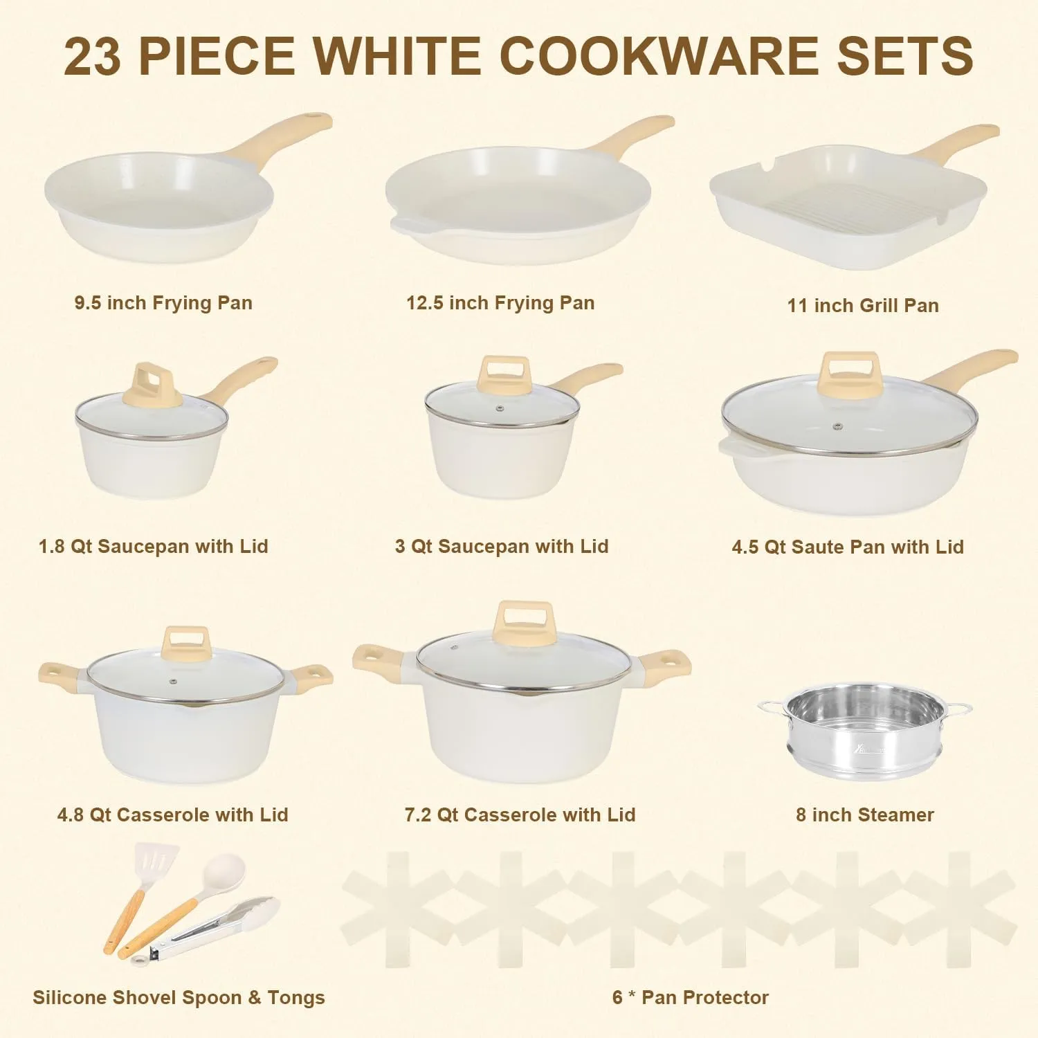 Romswi 23pcs Pots and Pans Set Non Stick, Kitchen Cookware Set with Casserole, Frying & Saucepans, Oven Safe & Stovetop Agnostic (Gas, Electric & Induction) - White