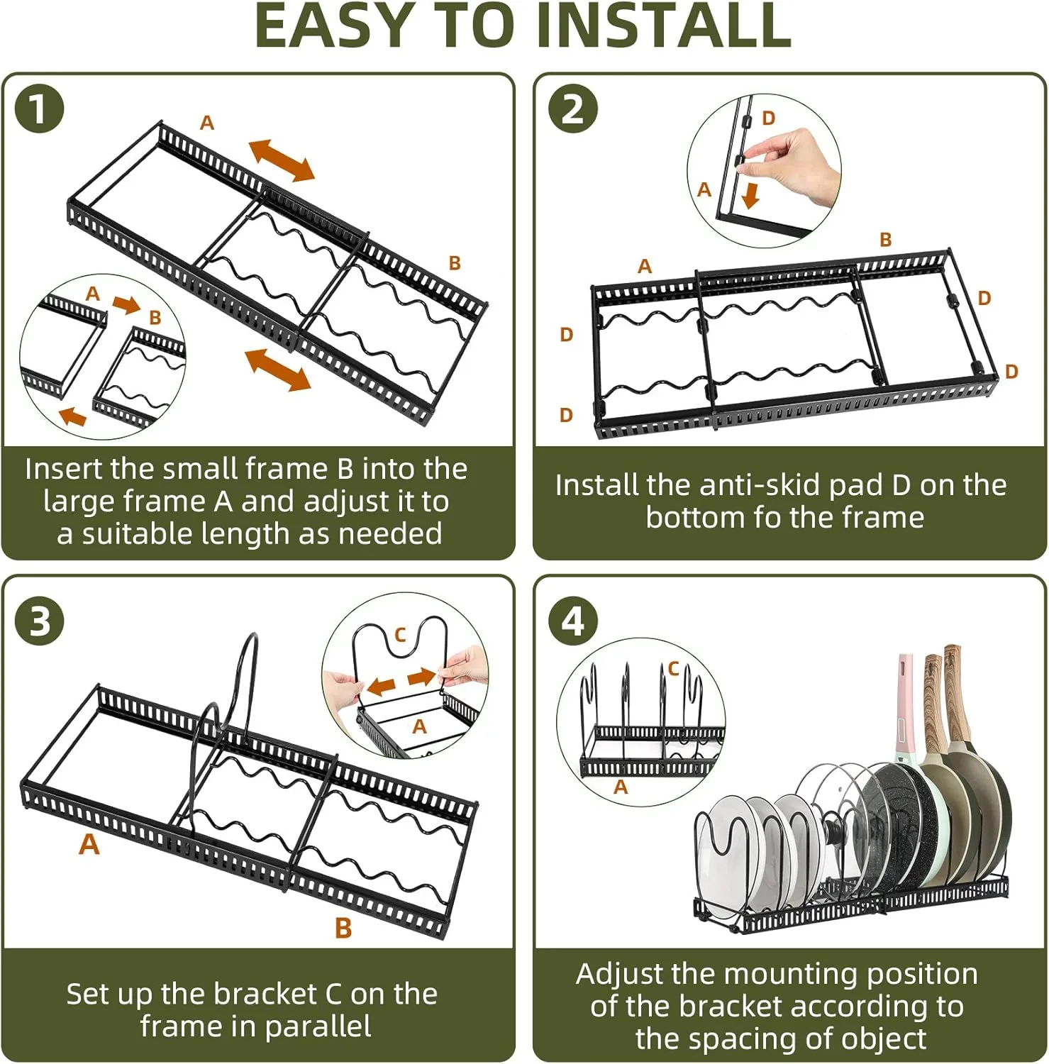ROOHUA Pot Rack -Expandable Pan Organizer for Cabinet, Lid Holder with 10 Adjustable Compartment for Kitchen Cabinet Cookware Baking Frying Rack