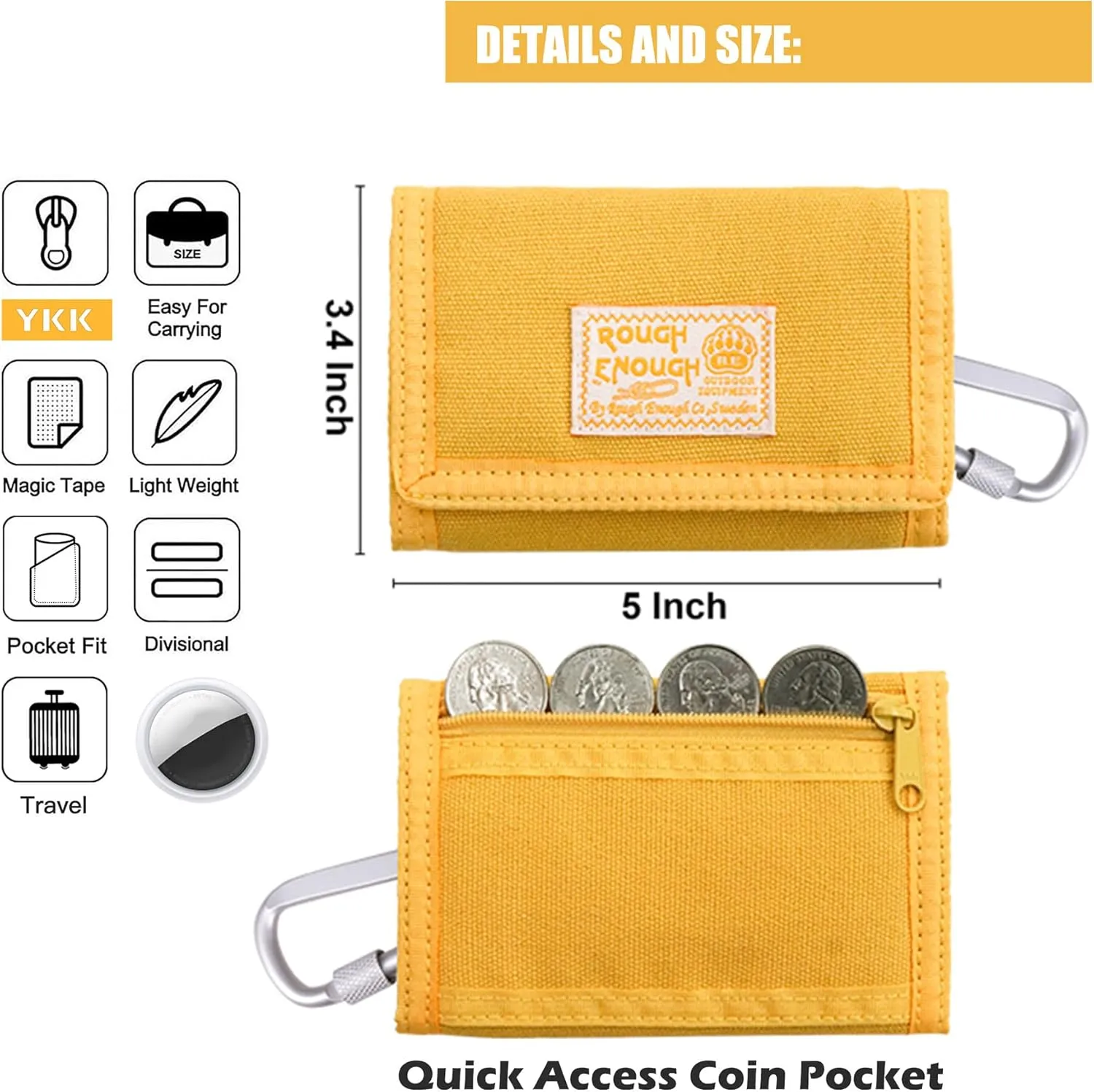 Rough Enough Kids Wallet for Boys Girls Preppy Teen with Neck Lanyard Keychain Canvas Mustard Yellow