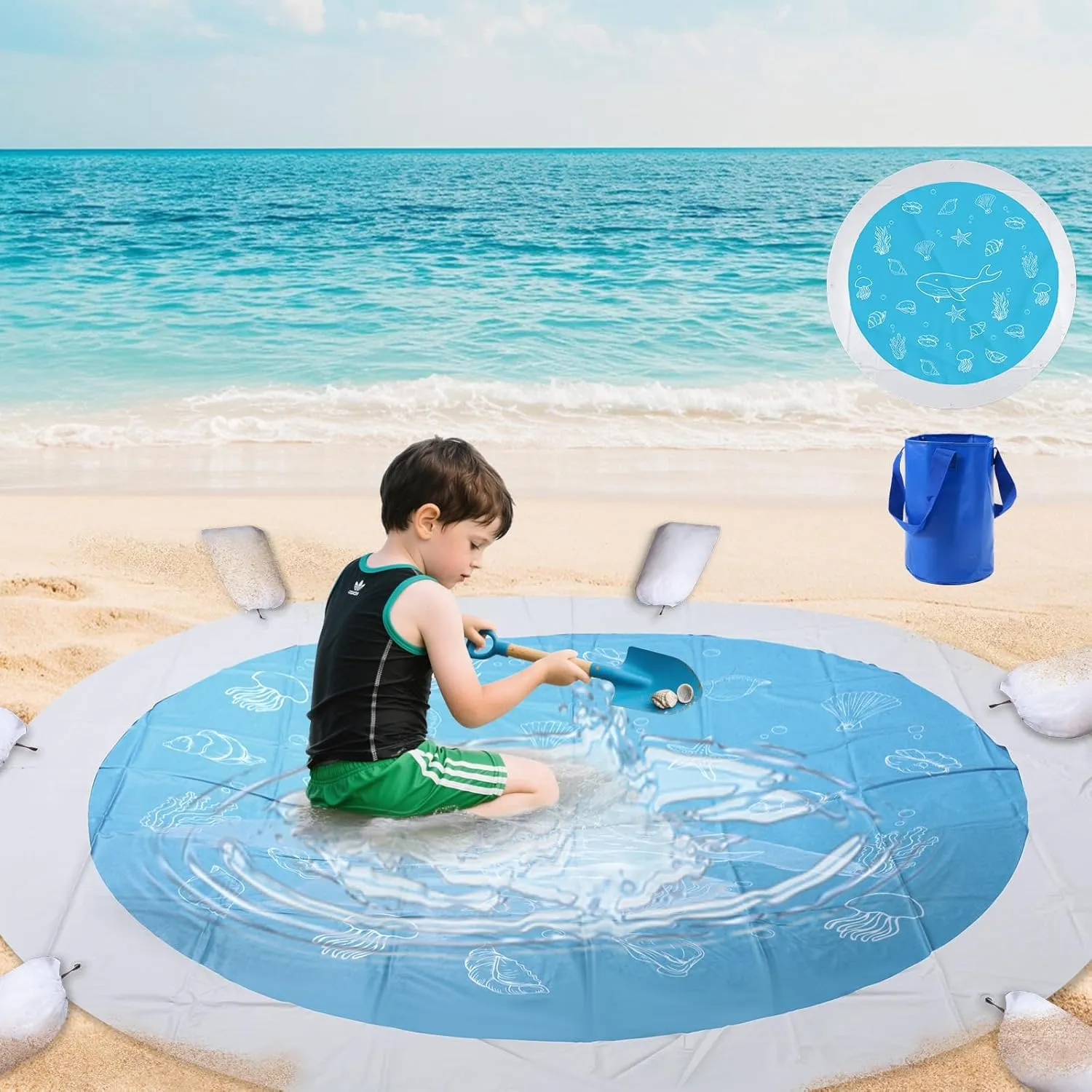 Round Baby Beach Pool, 6.88 X 6.88Ft Portable Cartoon Ocean Theme Toddler Beach Puddle 2 in 1 Cute Toddler Paddling Pool Beach Blanket with Carrying Bag for Boys Girls