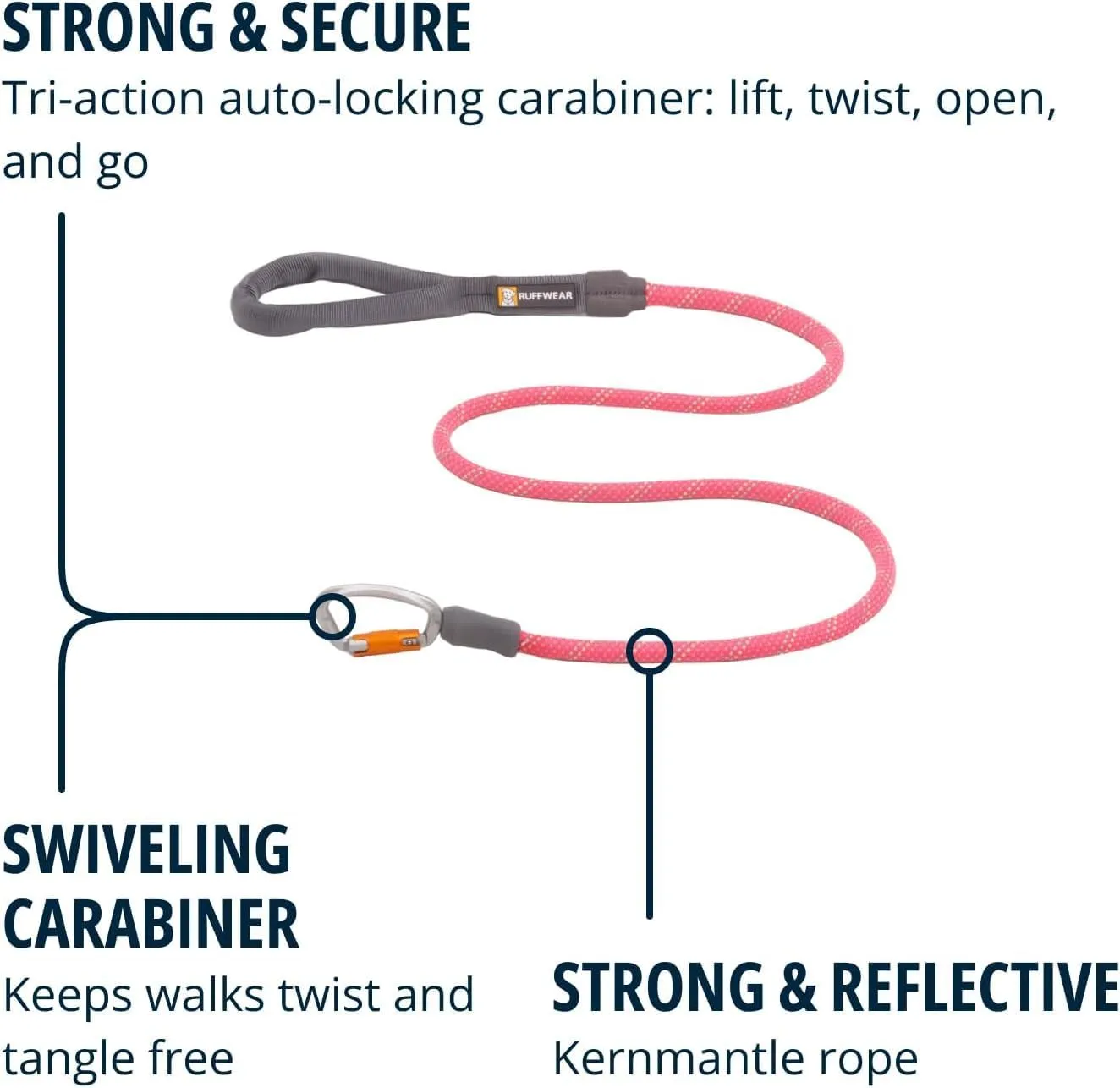 Ruffwear, Knot-a-Leash Dog Leash, Reflective Rope Lead with Carabiner, Pink, Small