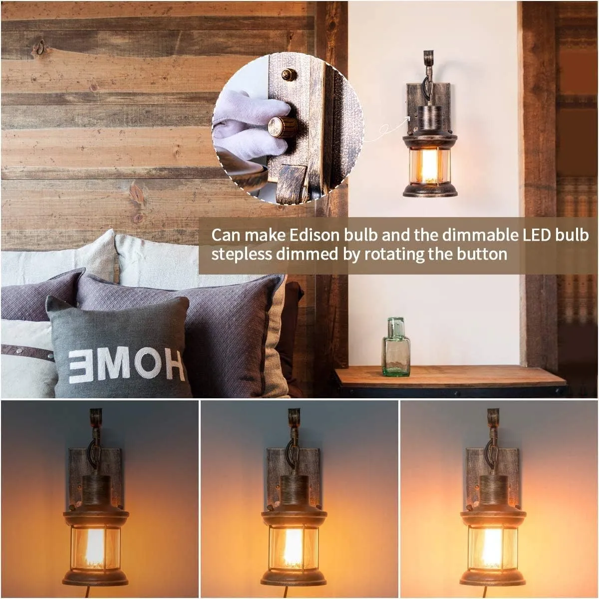 Rustic Wall Light, 2-in-1 Oil Rubbed Bronze Vintage Wall Light Fixtures Plug in Industrial Glass Shade Lantern Lighting Retro Lamp Metal Wall Sconce for Home Bedroom Dining Room Cafe(2 Pack)