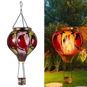 Rynx | Cardinal Bird Hot Air Balloon Solar Lights, Solar Hot Air Balloon Flickering Flame Hanging Garden Lighting Candle Led Glass & Metal Outdoor Waterproof Lanterns Veranda Garden Decor, Gift For Mom