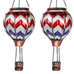 Rynx | Ouisjyer 2Pc Hot Air Balloon Solar Lantern with 2Pc Shepherd Hook, Blinking Flame Hanging Solar Light Outdoor Waterproof Lanterns for Garden Patio Yard Fest Decoration (Wave-Gray & Navy Blue & Red)