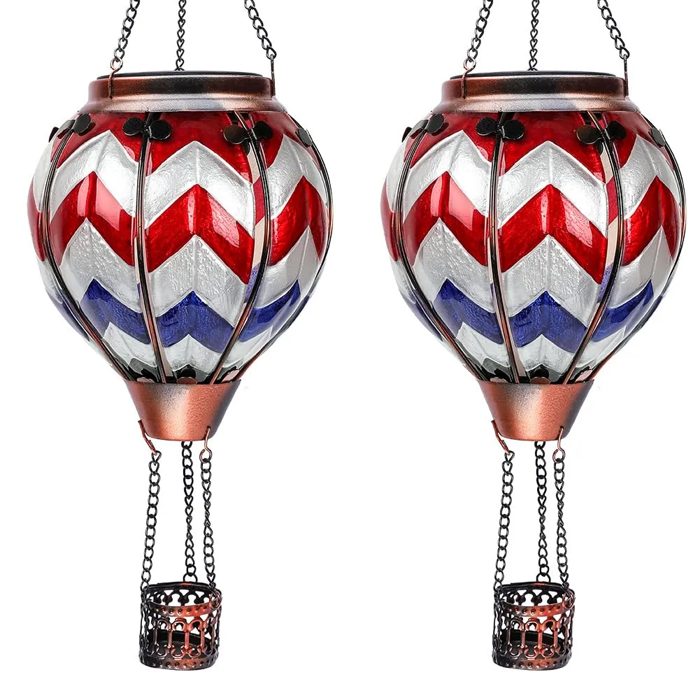 Rynx | Ouisjyer 2Pc Hot Air Balloon Solar Lantern with 2Pc Shepherd Hook, Blinking Flame Hanging Solar Light Outdoor Waterproof Lanterns for Garden Patio Yard Fest Decoration (Wave-Gray & Navy Blue & Red)
