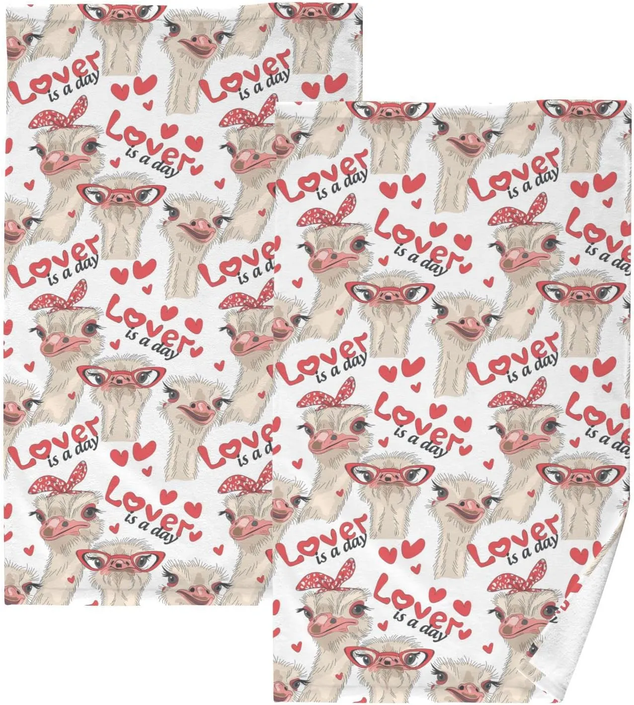 Seamless Ostriches with Red Glasses Hairpins Lover is a Day 2 Pieces Face Towel, Absorbent Pure Cotton Dish Hand Towels, Soft Washcloth for Spa Bathroom Hotel Kitchen Beach Gym Yoga
