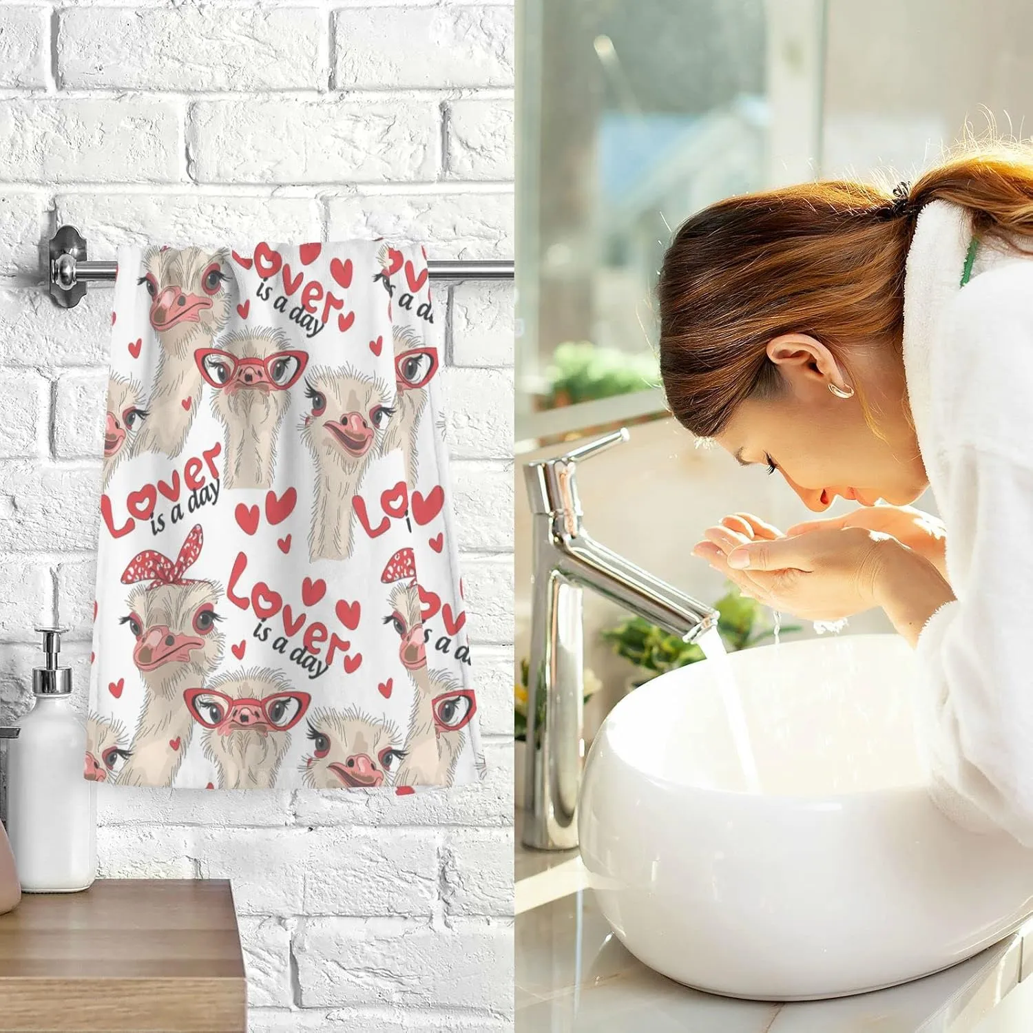 Seamless Ostriches with Red Glasses Hairpins Lover is a Day 2 Pieces Face Towel, Absorbent Pure Cotton Dish Hand Towels, Soft Washcloth for Spa Bathroom Hotel Kitchen Beach Gym Yoga