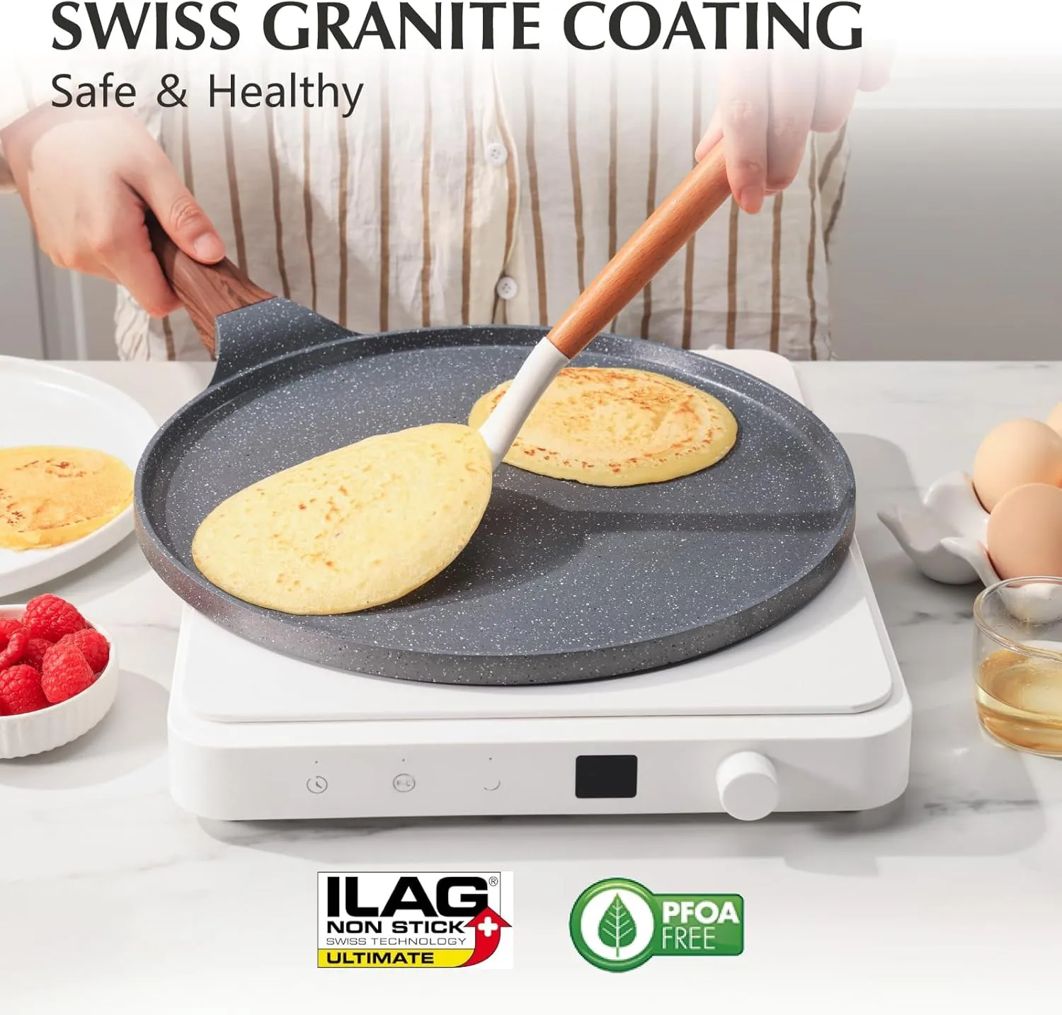 SENSARTE Nonstick Crepe Pan, Swiss Granite Coating Dosa Pan Pancake Flat Skillet Tawa Griddle 10-Inch with Stay-Cool Handle, Induction Compatible, PFOA Free