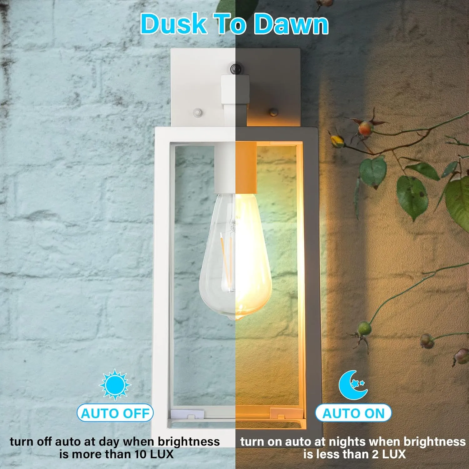 SHINE HAI Dusk to Dawn Outdoor Wall Lantern, Exterior Sconce Sensor Light Fixture with E26 Base Socket, Waterproof Wall Mount Lamp with Glass Shade for Garage, Doorway, 2 Pack (White)