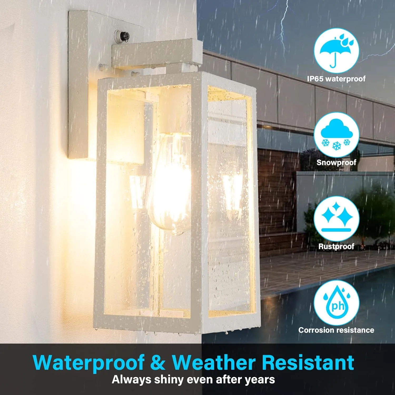 SHINE HAI Dusk to Dawn Outdoor Wall Lantern, Exterior Sconce Sensor Light Fixture with E26 Base Socket, Waterproof Wall Mount Lamp with Glass Shade for Garage, Doorway, 2 Pack (White)