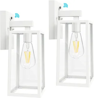 SHINE HAI Dusk to Dawn Outdoor Wall Lantern, Exterior Sconce Sensor Light Fixture with E26 Base Socket, Waterproof Wall Mount Lamp with Glass Shade for Garage, Doorway, 2 Pack (White)