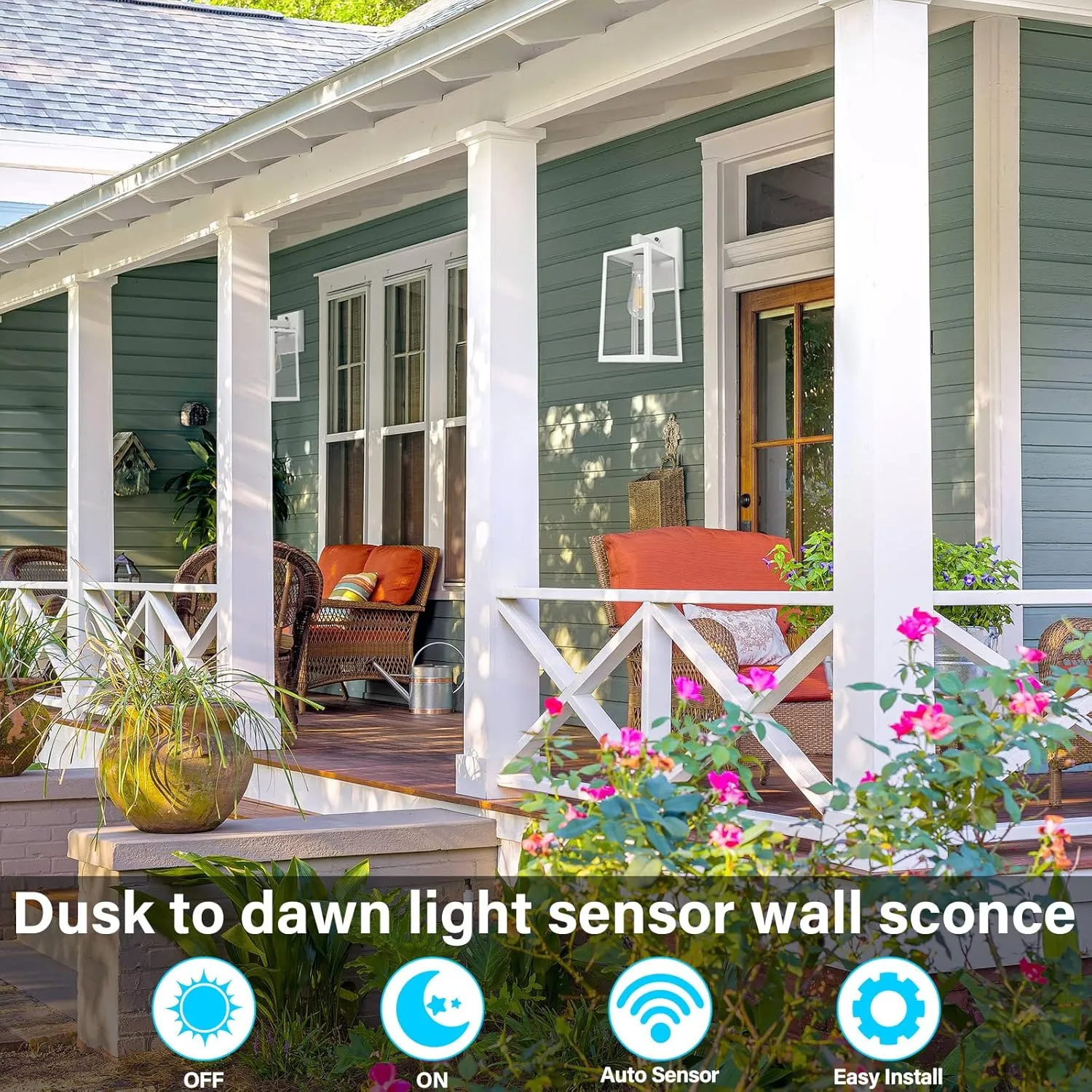 SHINE HAI Dusk to Dawn Outdoor Wall Lantern, Exterior Sconce Sensor Light Fixture with E26 Base Socket, Waterproof Wall Mount Lamp with Glass Shade for Garage, Doorway, 2 Pack (White)