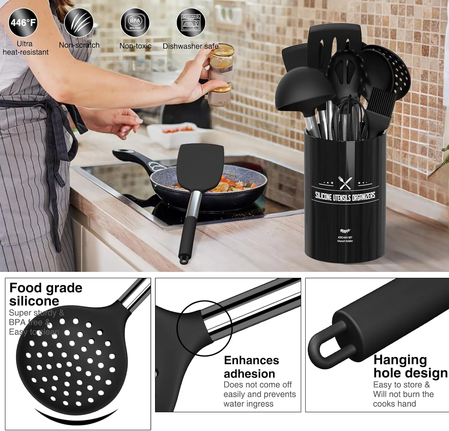 Silicone Cooking Utensils Set - 446°F Heat Resistant Kitchen Utensils, 30PCS Non-Stick Kitchen Utensils Spatula Set with Holder, Stainless Steel Handle Kitchen Gadgets Utensil Set (Black)