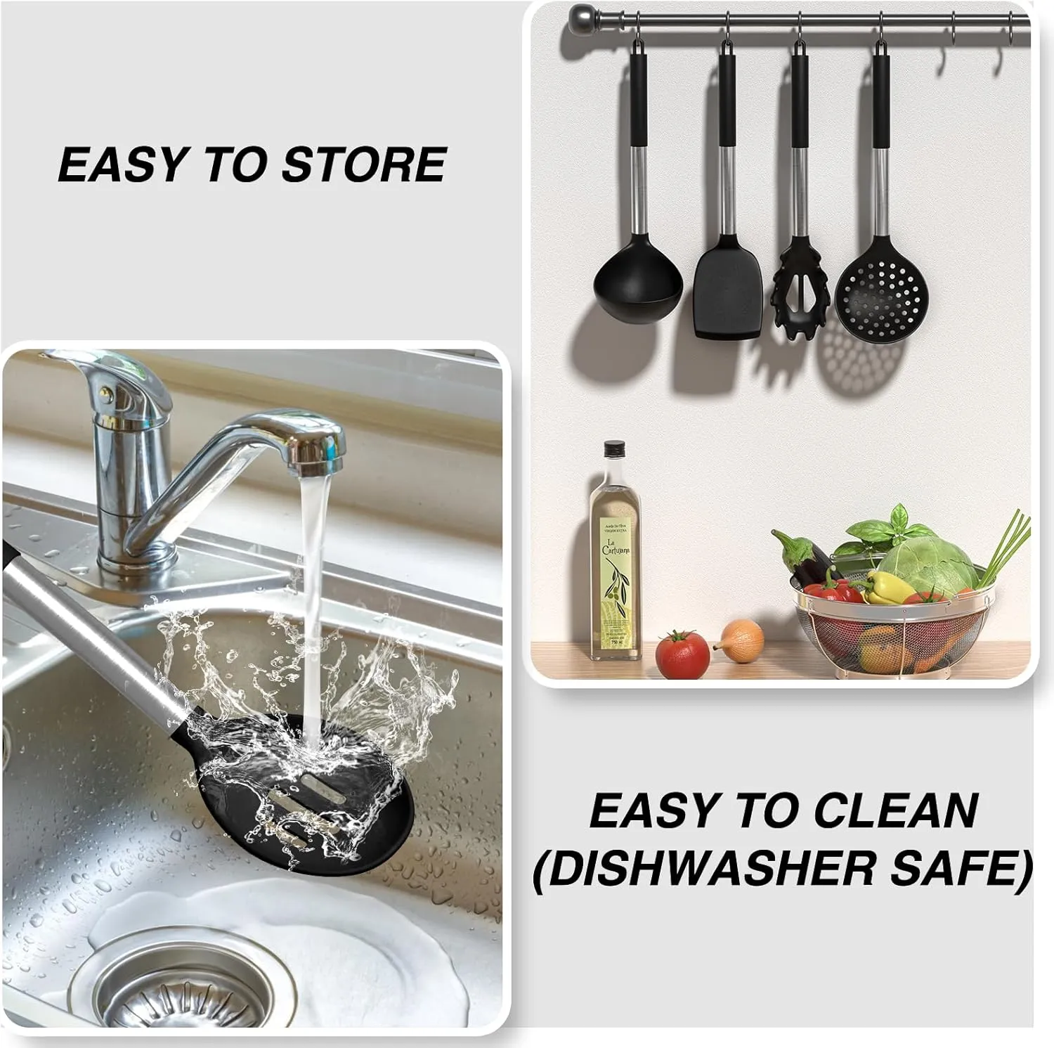 Silicone Cooking Utensils Set - 446°F Heat Resistant Kitchen Utensils, 30PCS Non-Stick Kitchen Utensils Spatula Set with Holder, Stainless Steel Handle Kitchen Gadgets Utensil Set (Black)