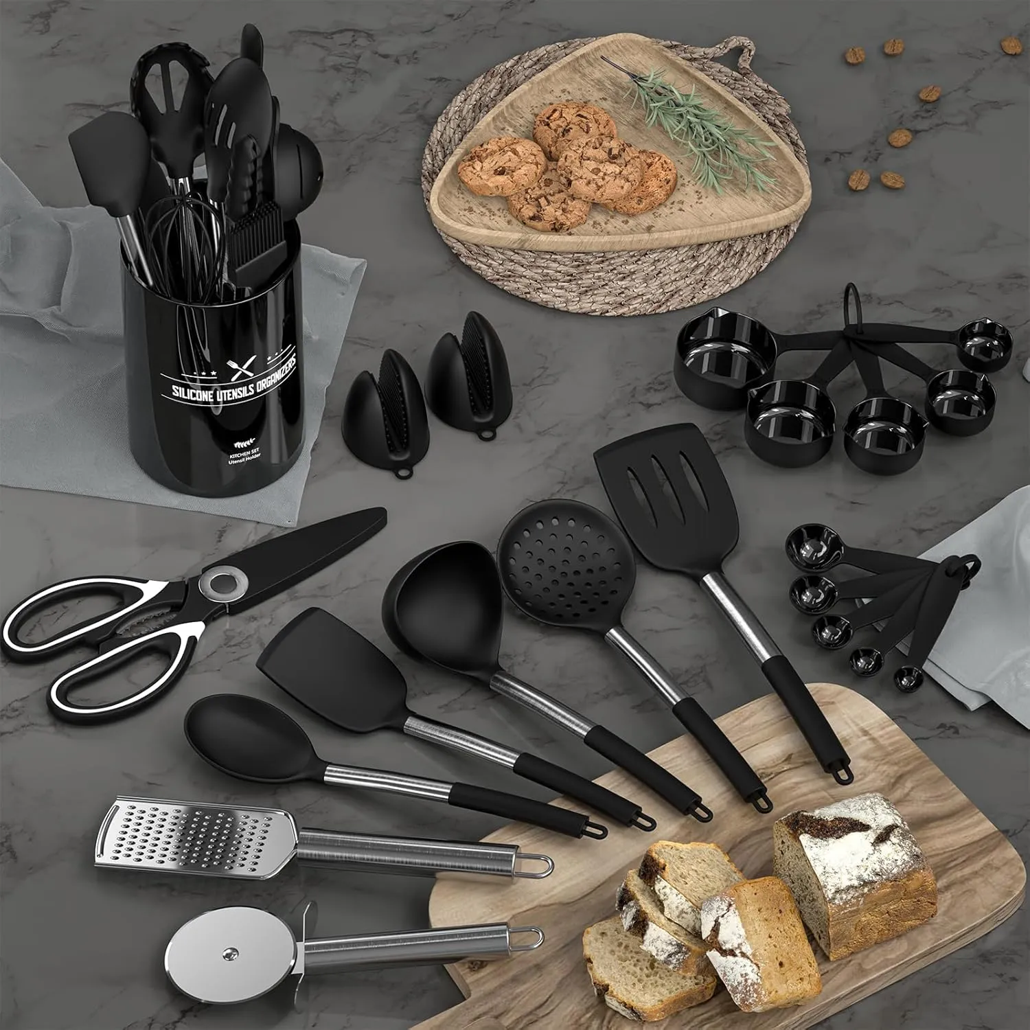 Silicone Cooking Utensils Set - 446°F Heat Resistant Kitchen Utensils, 30PCS Non-Stick Kitchen Utensils Spatula Set with Holder, Stainless Steel Handle Kitchen Gadgets Utensil Set (Black)