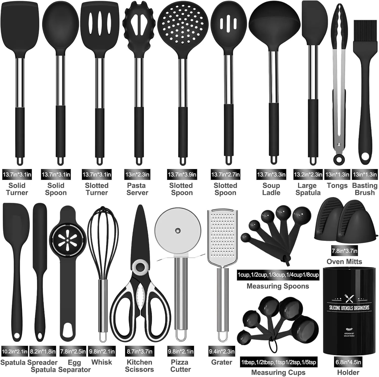 Silicone Cooking Utensils Set - 446°F Heat Resistant Kitchen Utensils, 30PCS Non-Stick Kitchen Utensils Spatula Set with Holder, Stainless Steel Handle Kitchen Gadgets Utensil Set (Black)