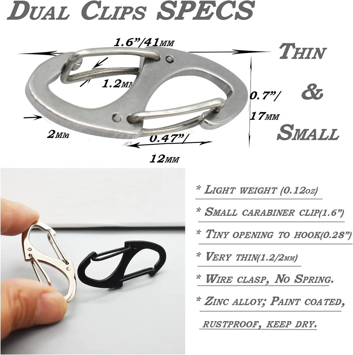 Small Carabiner Clips 1.6 inch(41mm) Metal Double Sided Spring Gate Snap Hooks Keychain Clasp Accessories