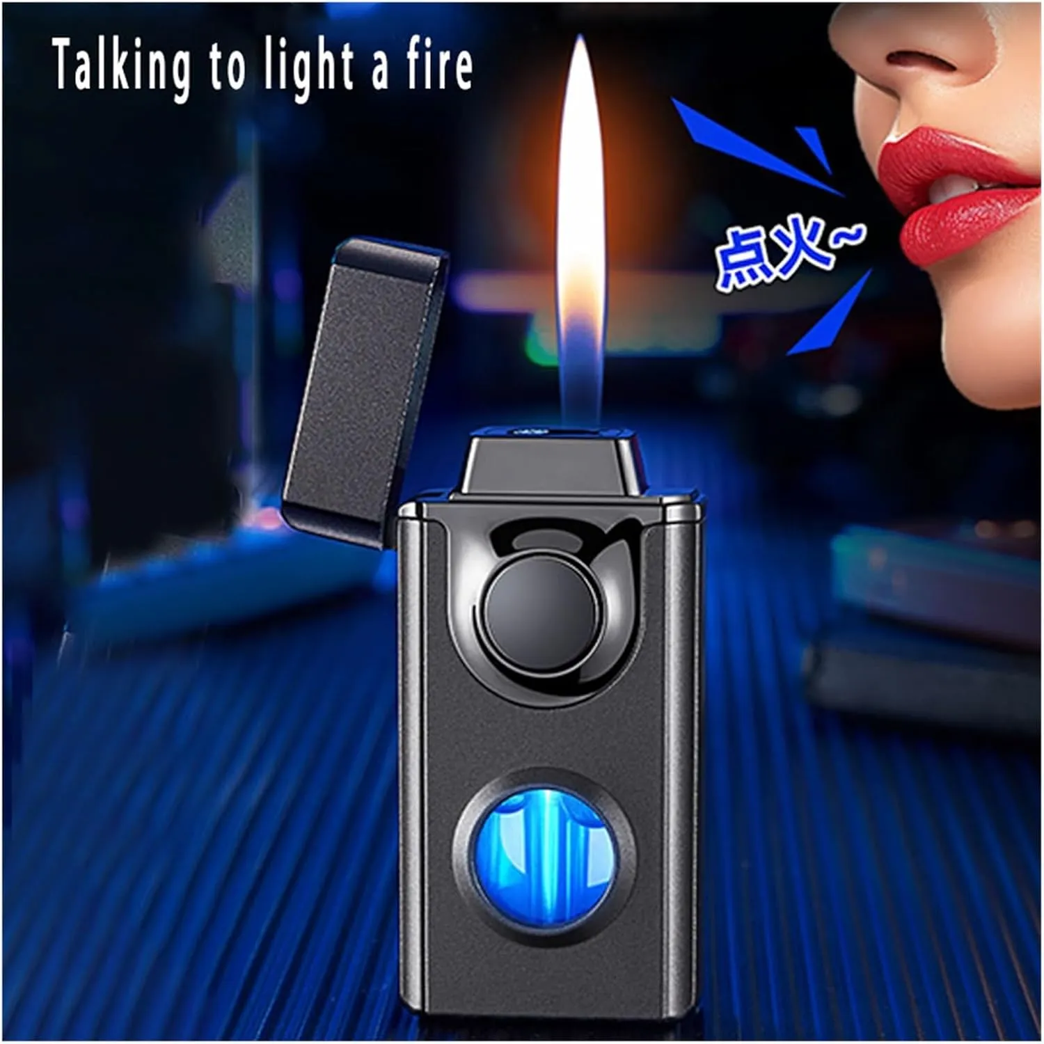 Smart Voice-Activated Butane Torch Lighter,with Windproof Jet Dual Flame Visible Fuel Window for Candle Camping (Butane Not Included)(Blue)