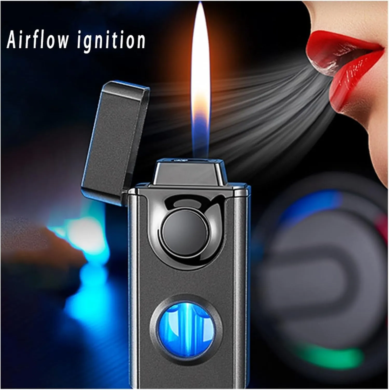 Smart Voice-Activated Butane Torch Lighter,with Windproof Jet Dual Flame Visible Fuel Window for Candle Camping (Butane Not Included)(Blue)