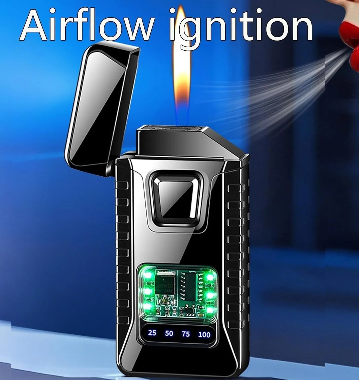 Smart Voice Lighter refillable Windproof Adjustable Flame for BBQ Grill Kitchen Camping(Black1)