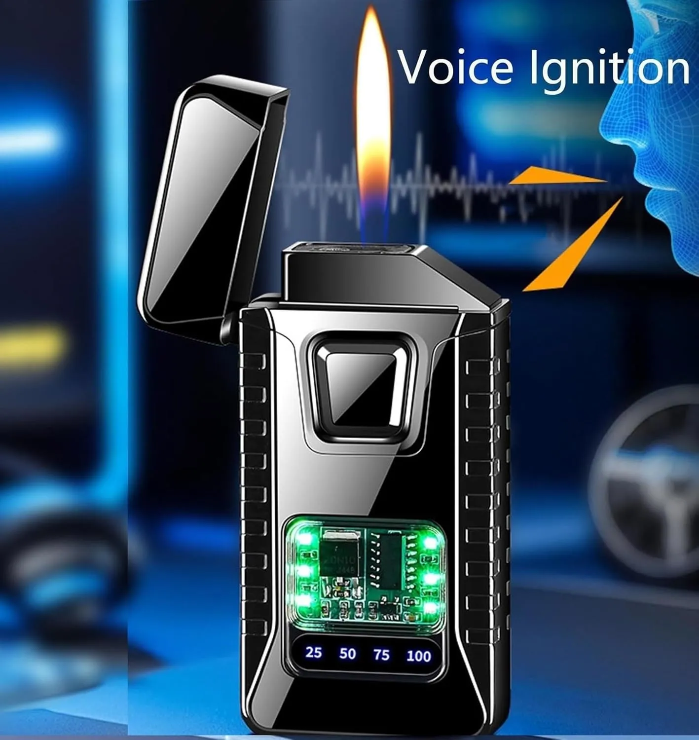 Smart Voice Lighter refillable Windproof Adjustable Flame for BBQ Grill Kitchen Camping(Black1)