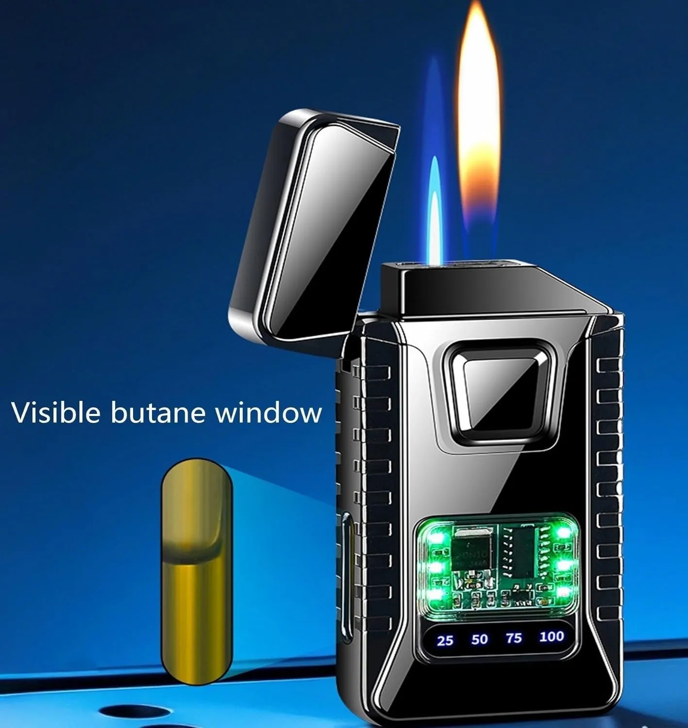 Smart Voice Lighter refillable Windproof Adjustable Flame for BBQ Grill Kitchen Camping(Black1)