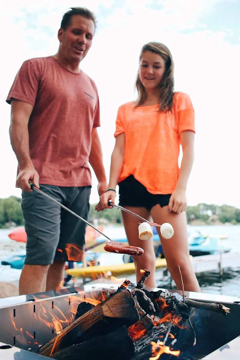 S’more Fork with S’more Builder - Sausage Telescoping 34 inch Marshmallow Roasting Sticks Extending for Campfire Firepit Skewers - Marshmellow Sticks Camping Cooking Utensils, Camp Cookware