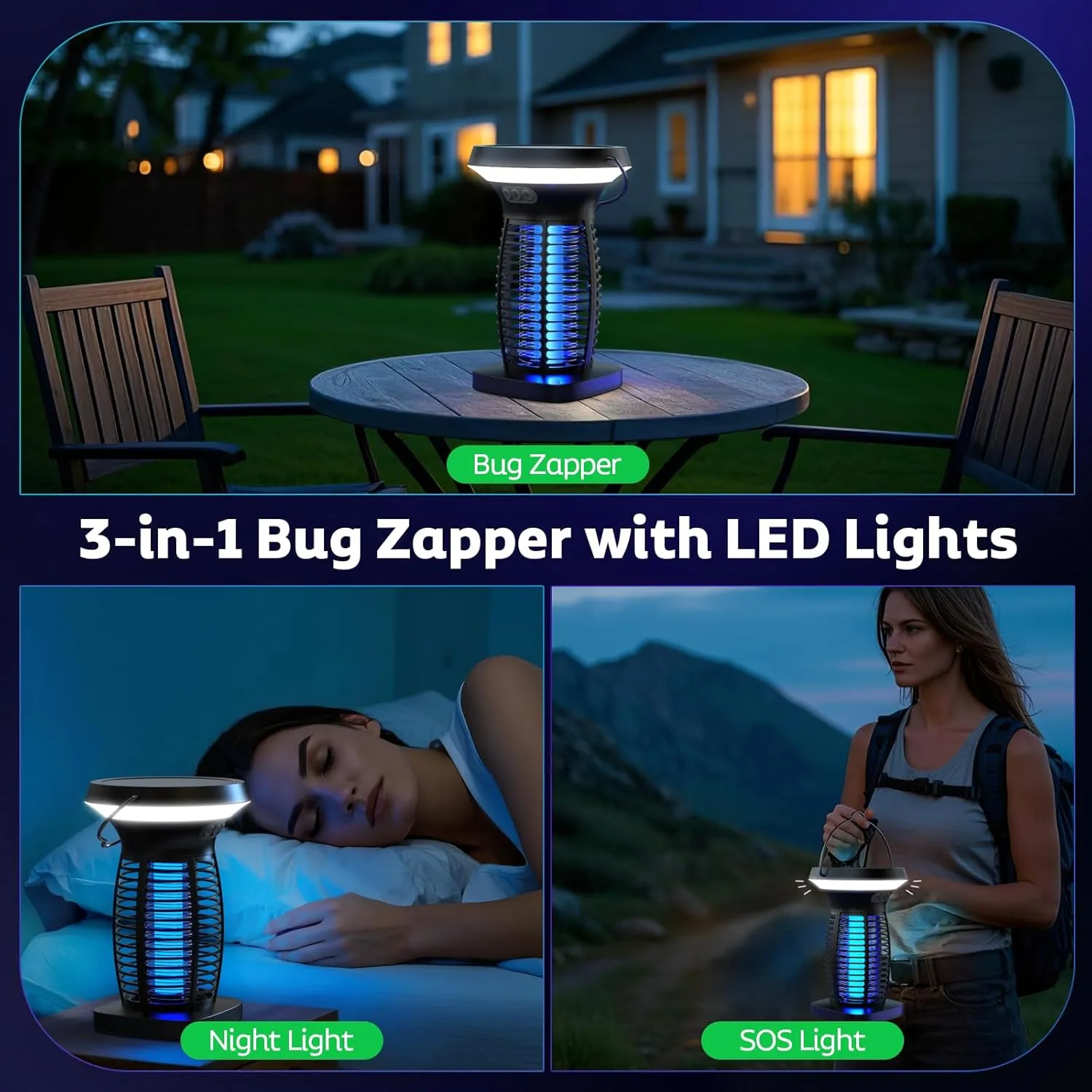 Solar Bug Zapper Outdoor, Mosquito Zapper Outdoor Waterproof Electric Fly Zapper Rechargeable Mosquito Killer with Solar Panel, 4200V Fly Trap Indoor for Home Backyard, Patio, Garden, Camping