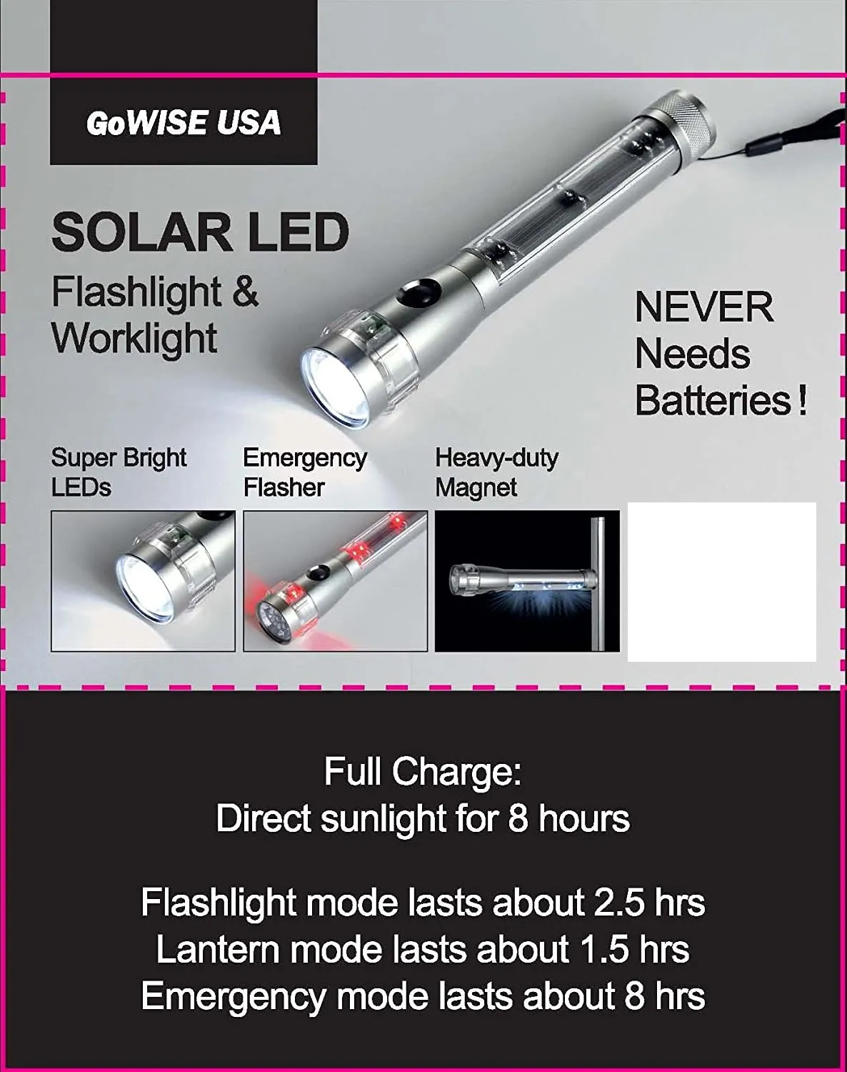 Solar Fusion 3 in 1 Solar LED Flashlight Warning Light Work Light Aluminum, Never Needs Batteries!