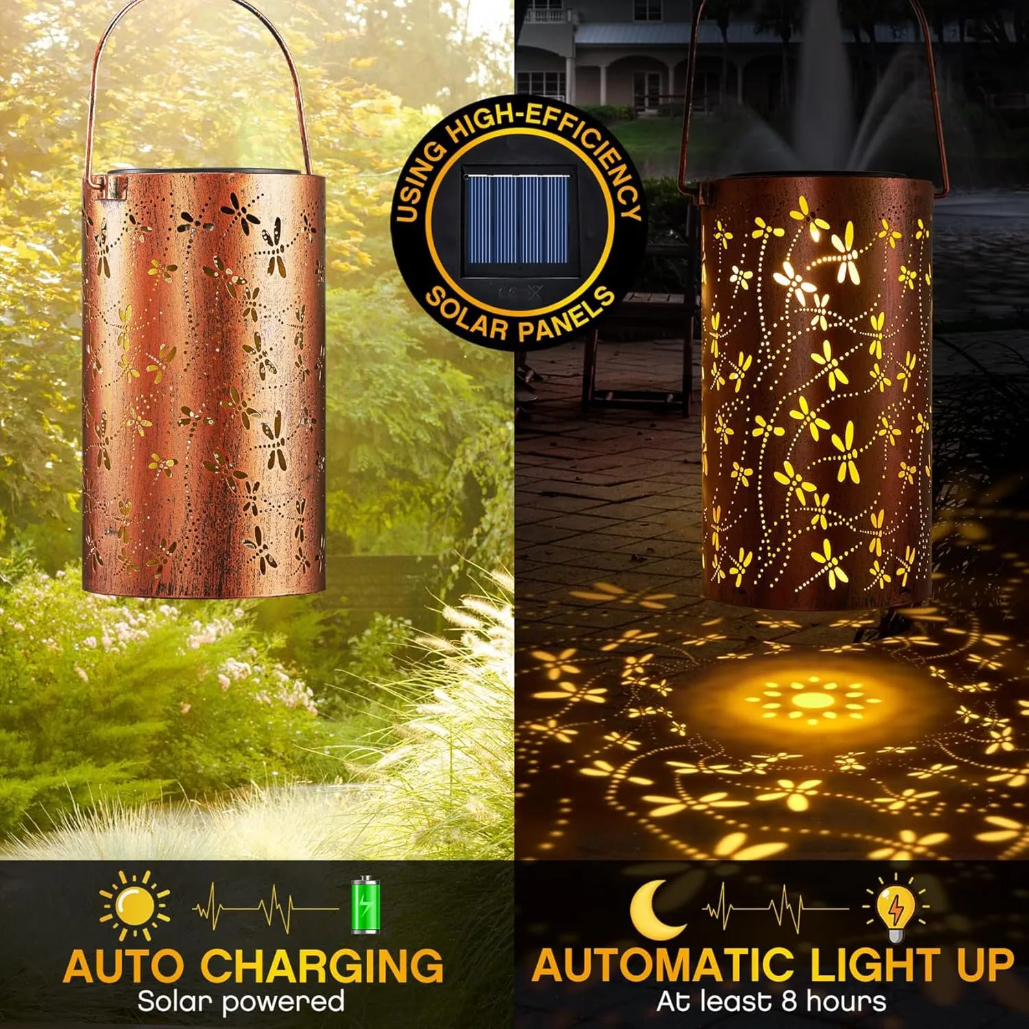 Solar Lantern Outdoor Lights Hanging Waterproof Lantern Hollow Metal Solar Lights for Garden Patio Porch Fence Decor