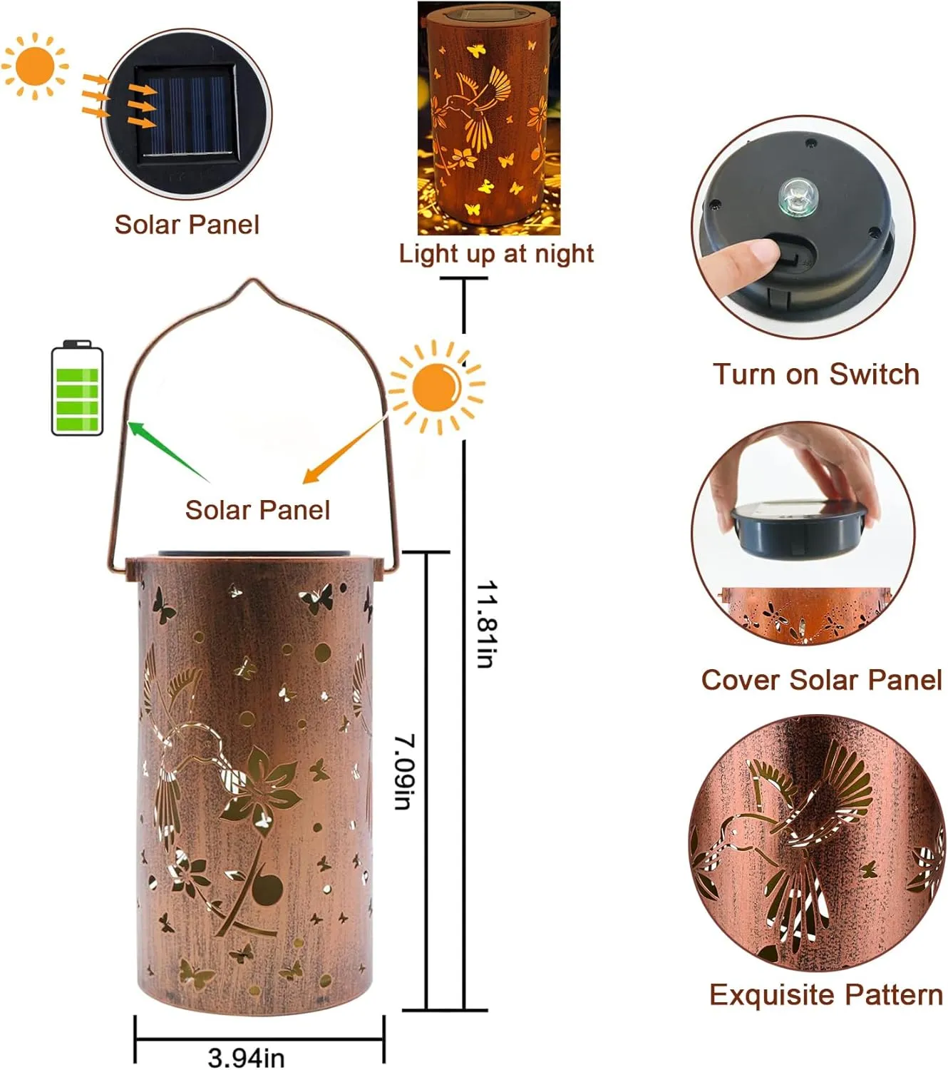 Solar Lantern Outdoor Lights Hanging Waterproof Lantern Hollow Metal Solar Lights for Garden Patio Porch Fence Decor