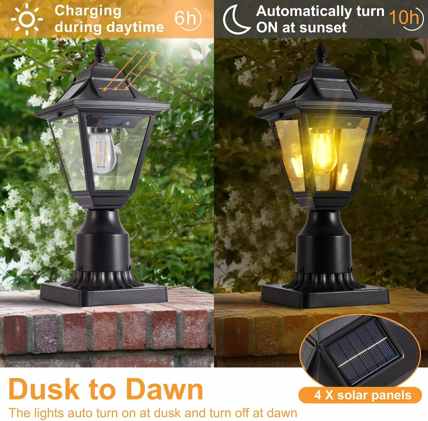 Solar Post Light Fixture, Motion Sensor Solar Lamp Post Lights with Pier Mount Base, Black Outdoor Waterproof Post Lantern for Yard Garden