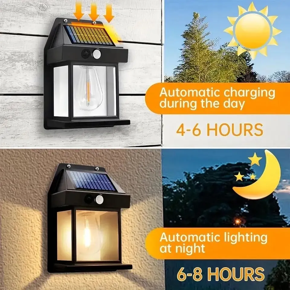 Solar Tungsten Filament Lamp, Waterproof Intelligent Induction Lantern, Wireless Dusk to Dawn Porch Light, Outdoor Wall Light with Motion Sensor, Courtyard Garden Villa Lighting Night Light, Sunlight Prowered Motion Sensor Lamp