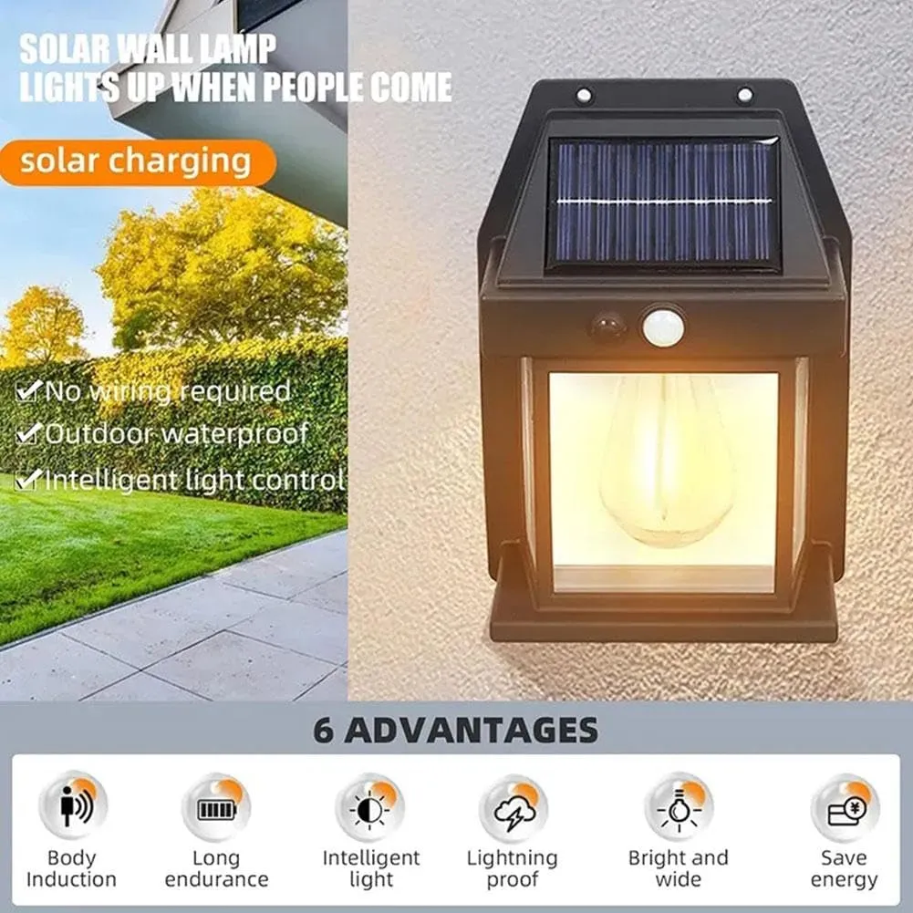 Solar Tungsten Filament Lamp, Waterproof Intelligent Induction Lantern, Wireless Dusk to Dawn Porch Light, Outdoor Wall Light with Motion Sensor, Courtyard Garden Villa Lighting Night Light, Sunlight Prowered Motion Sensor Lamp