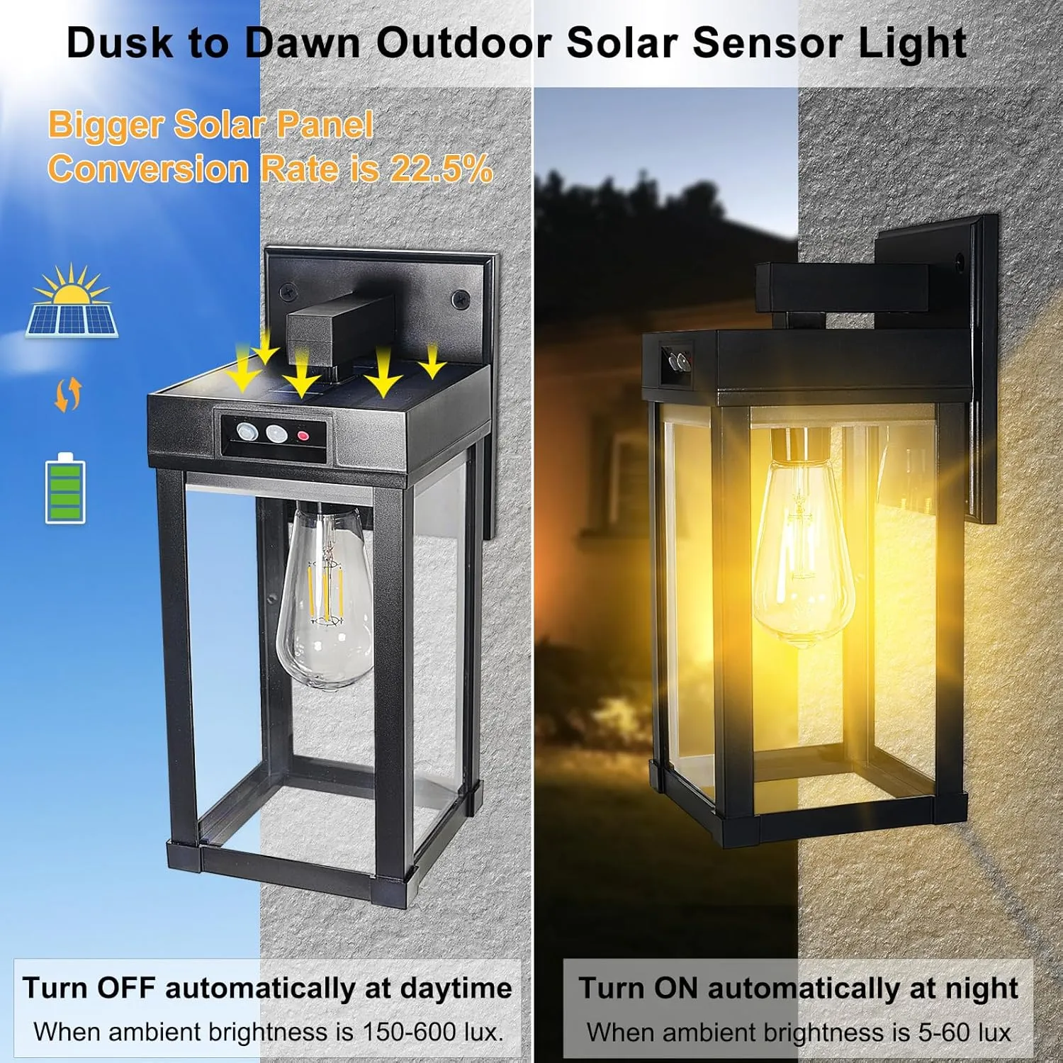 Solar Wall Lights Outdoor Waterproof with 3 Lighting Modes & Motion Sensor, Dusk to Dawn Exterior Porch Light fixtures, Solar Wall Lantern Fixture for Garage Patio Yard Garden