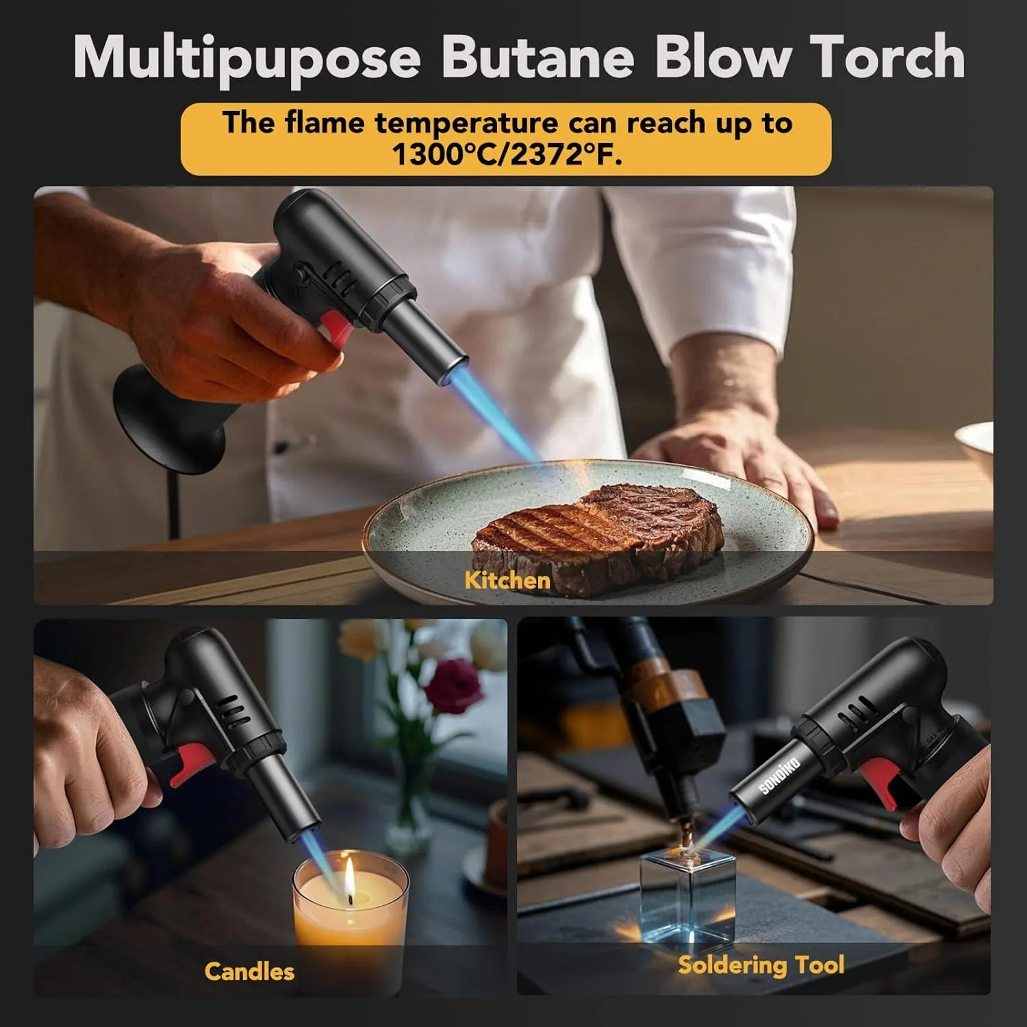 Sondiko Butane Torch with Fuel Gauge S907 2 Pack, Refillable Soldering Torch Lighter with Adjustable Flame for Welding, Resin Art, Industrial(Butane Gas Not Included)