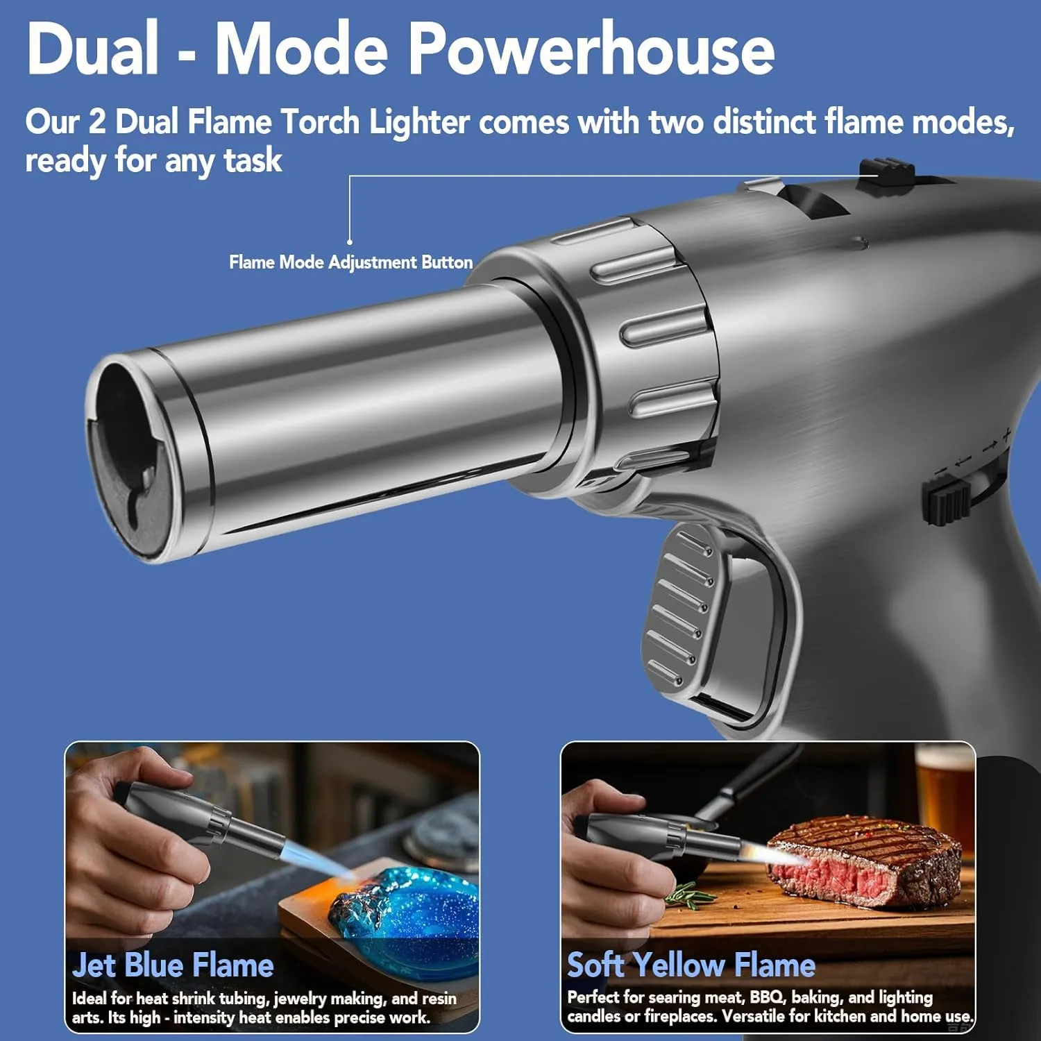 Sondiko Powerful DUAL Style Flame Butane Torch, Triple Adjustable Flame Size Butane Lighter, Refillable Blow Torch with Continuous Flame Lock for Creme Brulee, Cooking(Butane Gas Is Not Included)