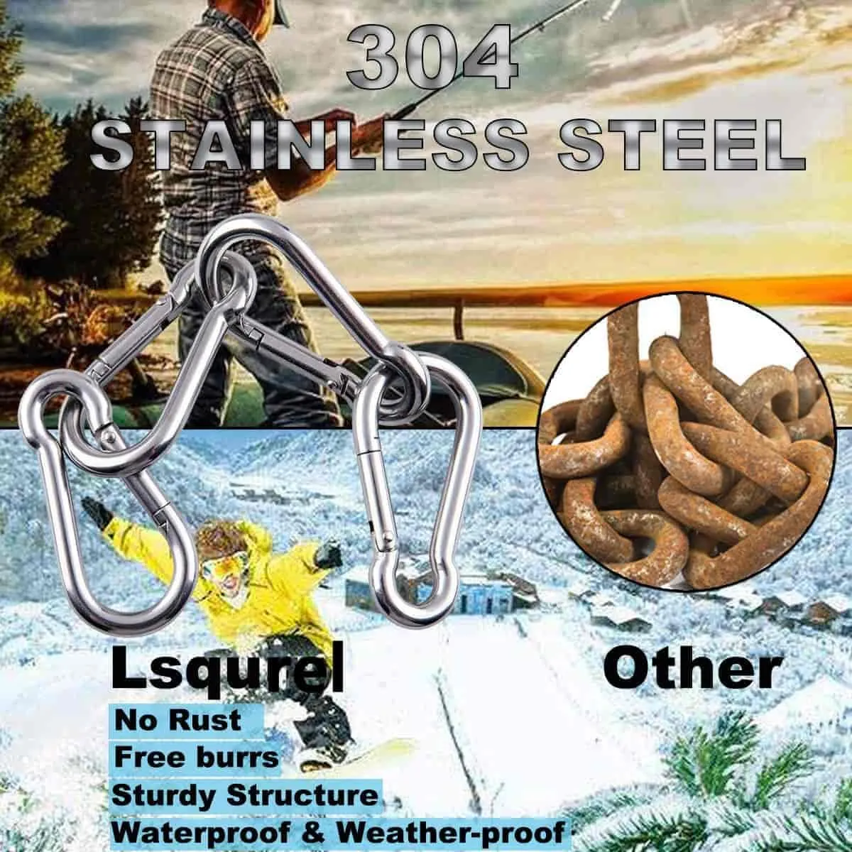 Spring Snap Hook, Lsqurel 304 Stainless Steel Carabiner Steel Clips Keychain Heavy Duty Quick Link for Camping Hiking Traveling
