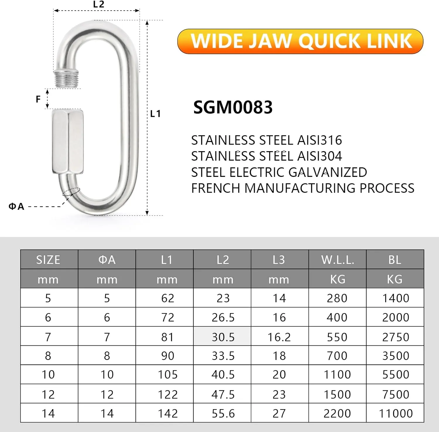 Sprookber Stainless Steel Quick Links - 304 Heavy Duty Chain Connector, Screw Locking Carabiner, Hooks, Set of 4