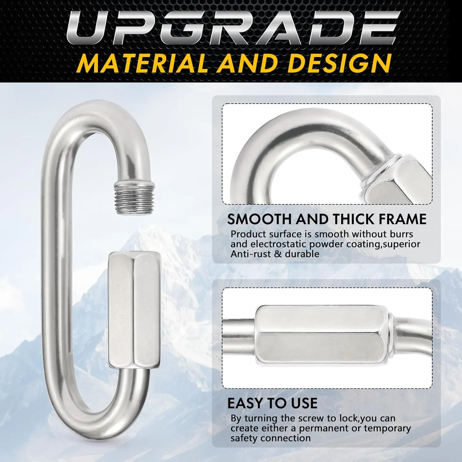 Sprookber Stainless Steel Quick Links - 304 Heavy Duty Chain Connector, Screw Locking Carabiner, Hooks, Set of 4