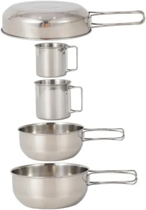 Stainless Steel Portable Cutlery Set 5-in-1 Camping Tableware Frying Pan Bowl Cup Folding for BBQ Hiking